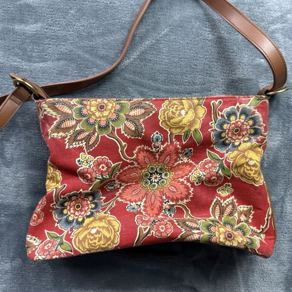 Floral Beaded Canvas Shoulder Bag Red Boho Tapestry Print Zip Top Purse - Picture 6 of 12